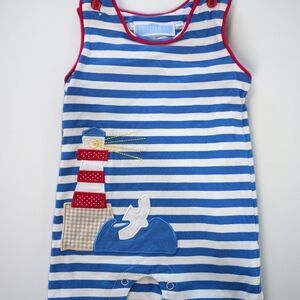 Trotters Blue and White Striped Pajamas with Red Lighthouse